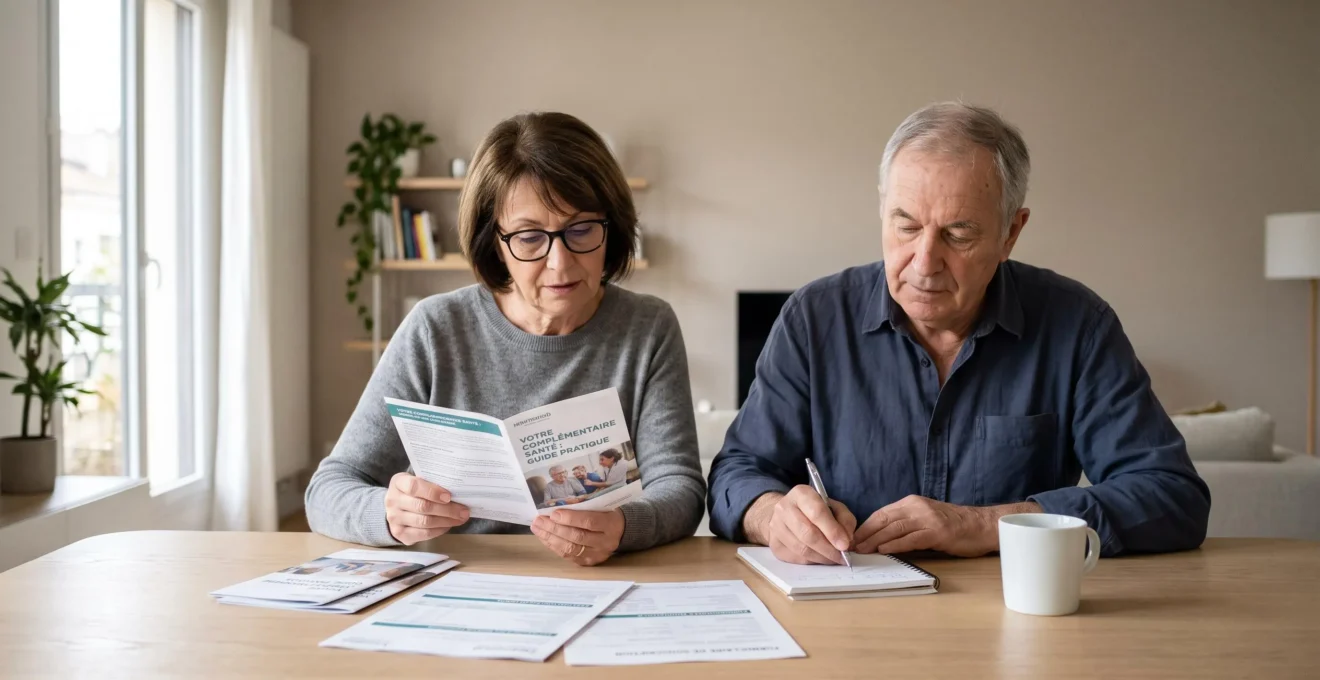 Couple de retraités français assis à une table de salle à manger consultant ensemble des documents de mutuelle santé, femme avec lunettes de lecture examinant une brochure pendant que l'homme prend des notes