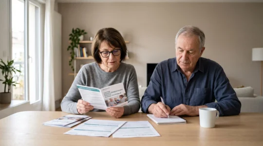 Couple de retraités français assis à une table de salle à manger consultant ensemble des documents de mutuelle santé, femme avec lunettes de lecture examinant une brochure pendant que l'homme prend des notes