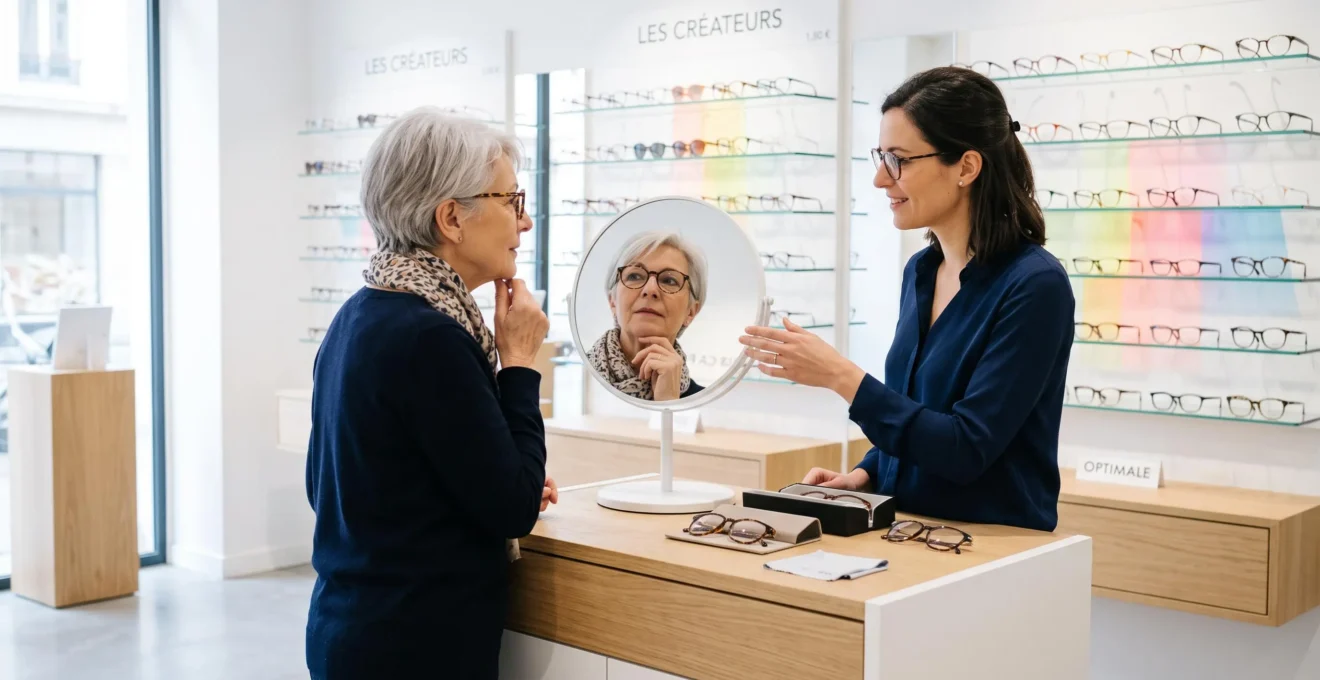 Femme senior française essayant des lunettes devant un miroir dans un magasin d'optique moderne, assistée par une opticienne professionnelle, présentoirs de montures en arrière-plan
