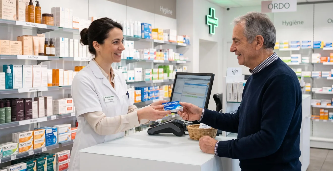 Pharmacienne en blouse blanche remettant une boîte de médicaments à un homme senior au comptoir d'une pharmacie française moderne avec rayonnages de produits en arrière-plan